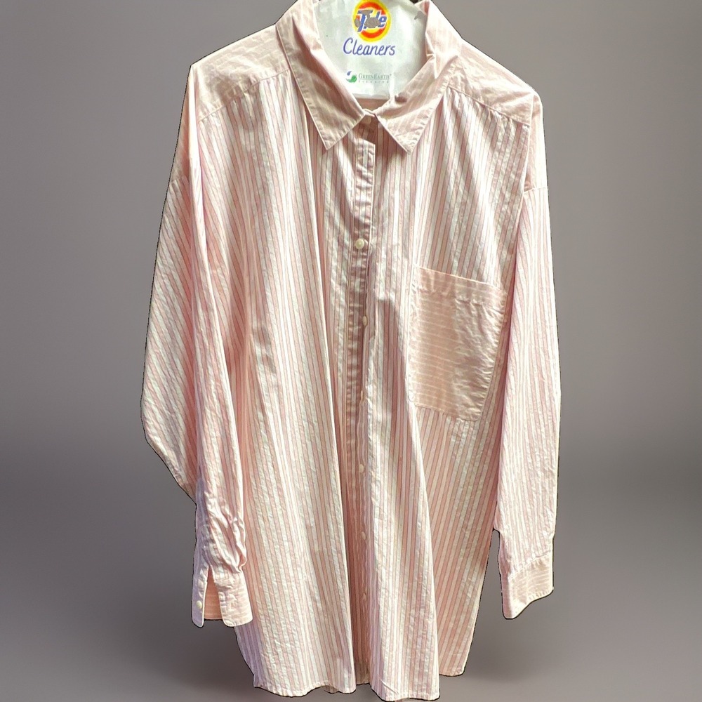 Loft Pink White Striped Button Down Shirt Womens XL Cotton Oversized Long Sleeve